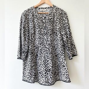 Leopard Animal Print Linen Popover Tunic Top Blouse Shirt Size L